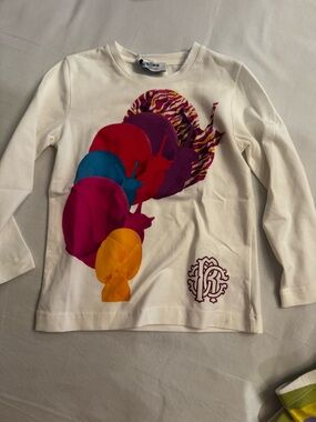 Roberto Cavalli Cream Long Sleeve Tee with Multicolor Snail Graphic